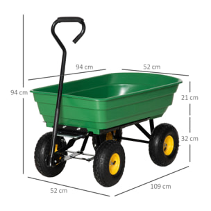Chariot de jardin à main benne basculante 75° 75L charge max. 200 Kg 4 roues pneumatiques acier PP jaune vert