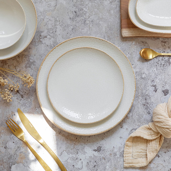 Lot de 6 assiettes plates en porcelaine blanche et liseré beige 27cm NUANCE