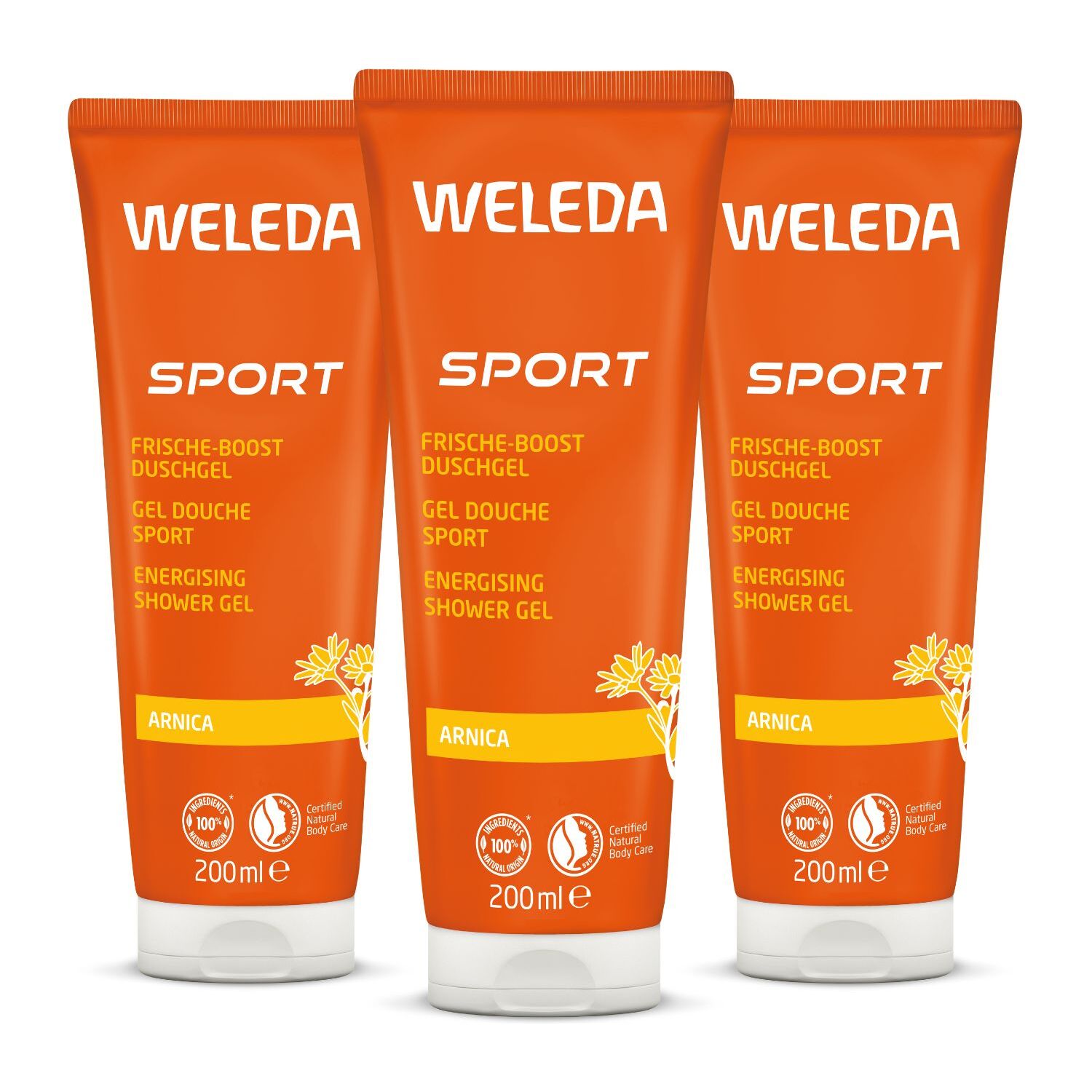 WELEDA - Trio Gel douche sport à l'Arnica - Tonus et énergie -  Vegan* - Certifié Natrue** - Tube 200 ml x 3