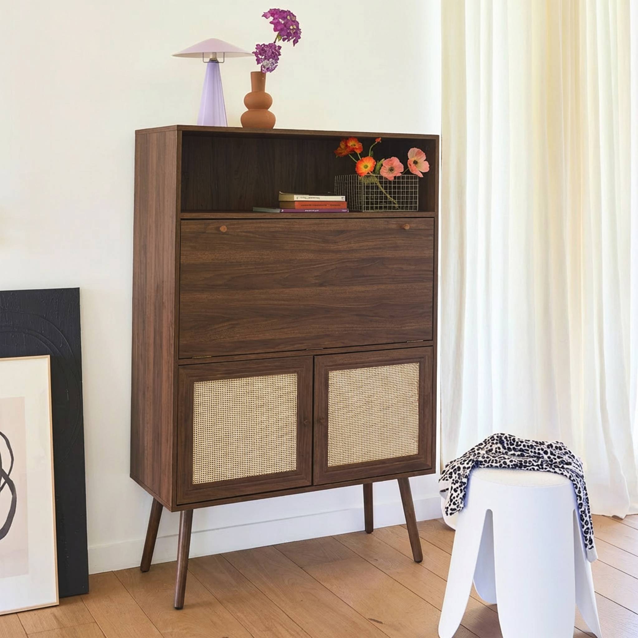 Bureau secrétaire décor bois et cannage 2 portes BOHÈME