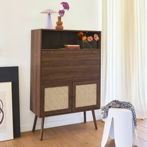 Bureau secrétaire décor bois et cannage 2 portes BOHÈME