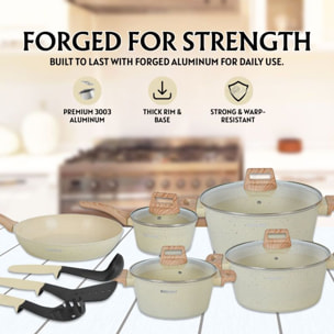 Batterie de cuisine 15 pièces avec revêtement en granit et manche en Bois Noir Herzberg beige HGWDBEJ15-BEI