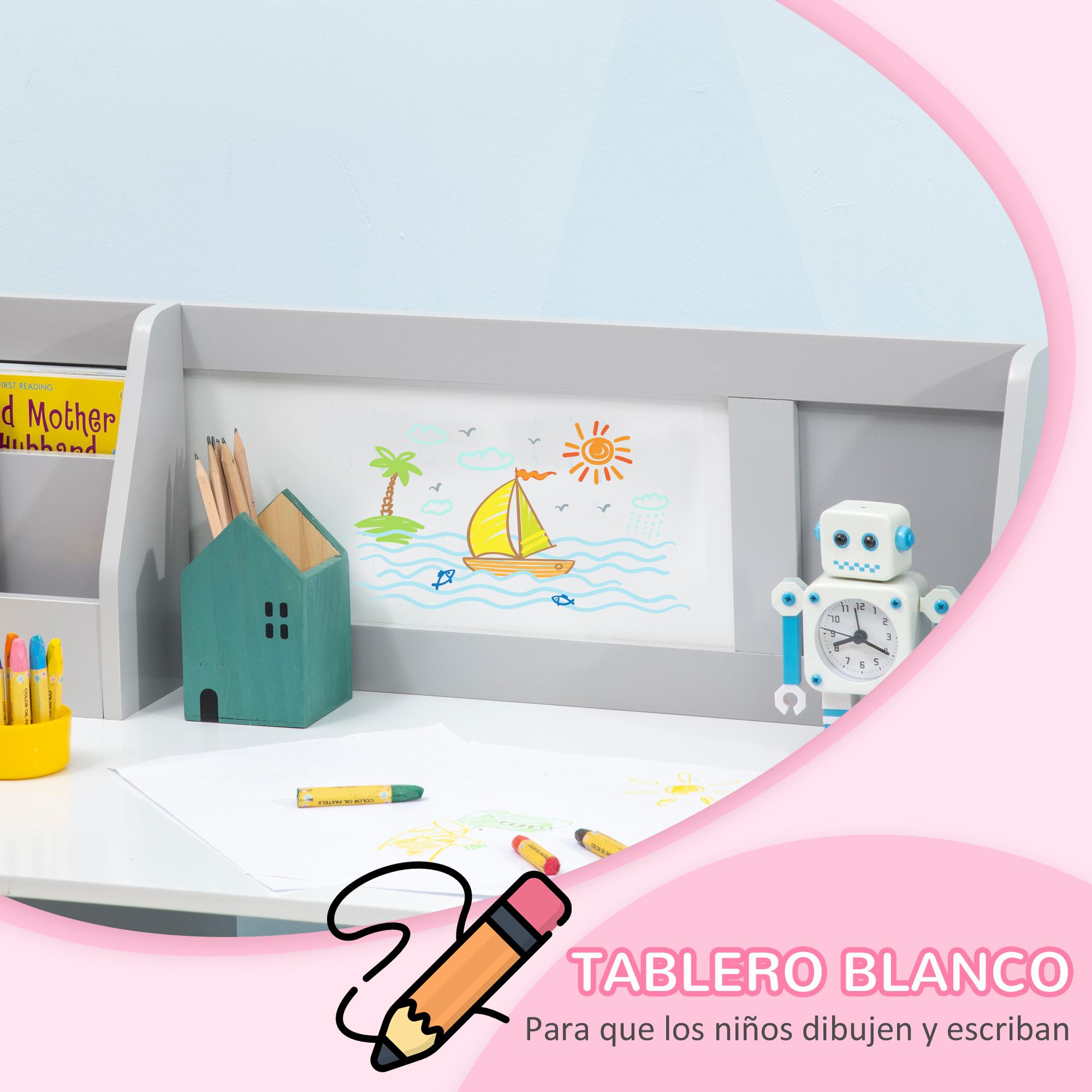 Juego de Mesa y Silla Infantil de Madera con Pizarra Blanca Mesa de Estudio para Niños de +5 Años Mueble Escritorio Infantil 90x45x85 cm Gris