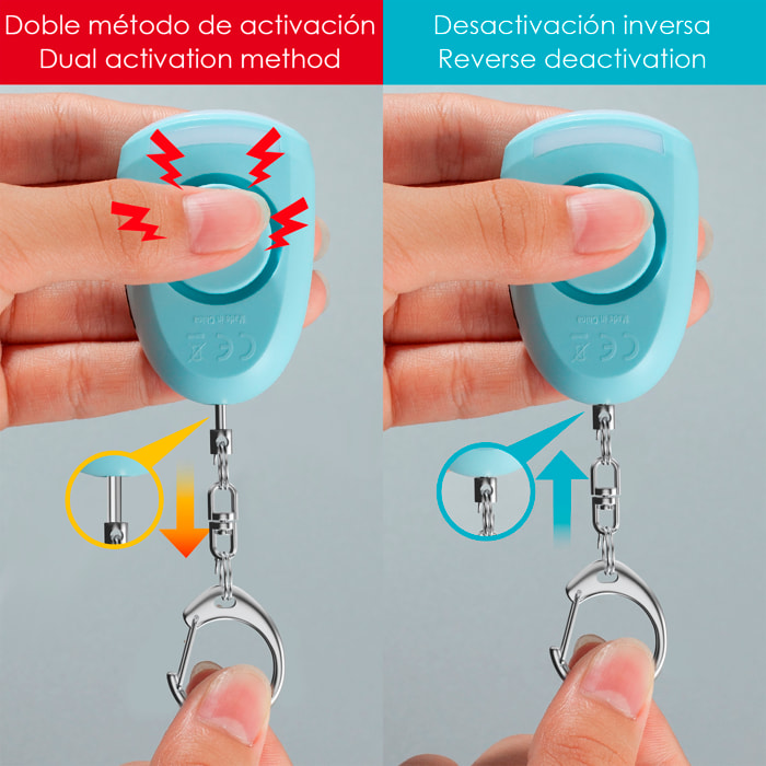 Alarma SOS personal con LED brillante y sonido de 130 dB. Batería recargable y activación rápida por tirón de anilla.