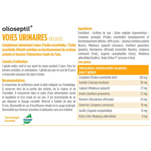 OLIOSEPTIL - Gélule Voies Urinaires - Assainit le système urinaire et favorise l'élimination rénale de l'eau - Complexe 7 Huiles Essentielles Pures et Chémotypées en Gélules Végétales - 15 Gélules