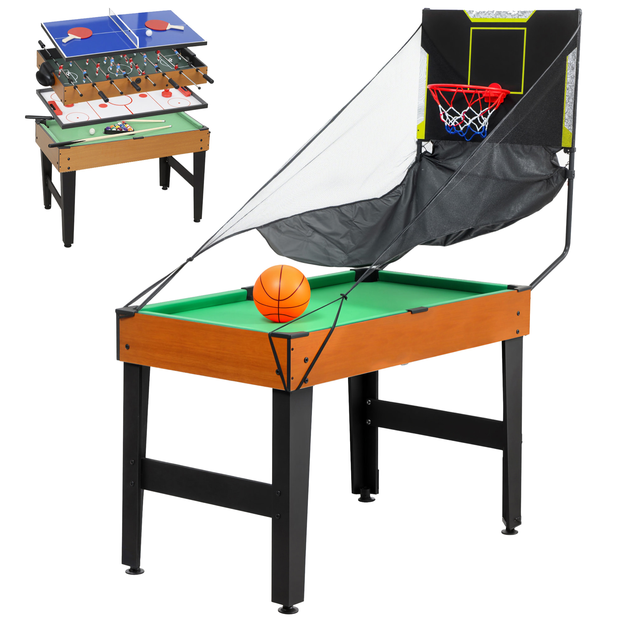 Mesa Multijuegos 5 en 1, Mesa de Juego con Futbolines para Niños, Billar, Ping-pong, Hockey y Baloncesto, Diversión Familiar para Adultos y Niños, 134x108x144 cm, Natural y Negro