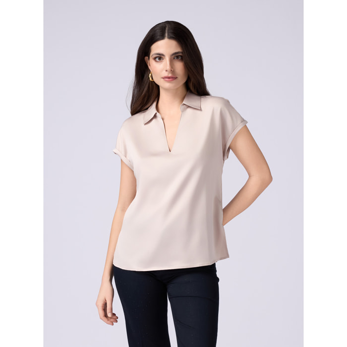 Oltre - Camiseta bimatérica con escote en V - Beige