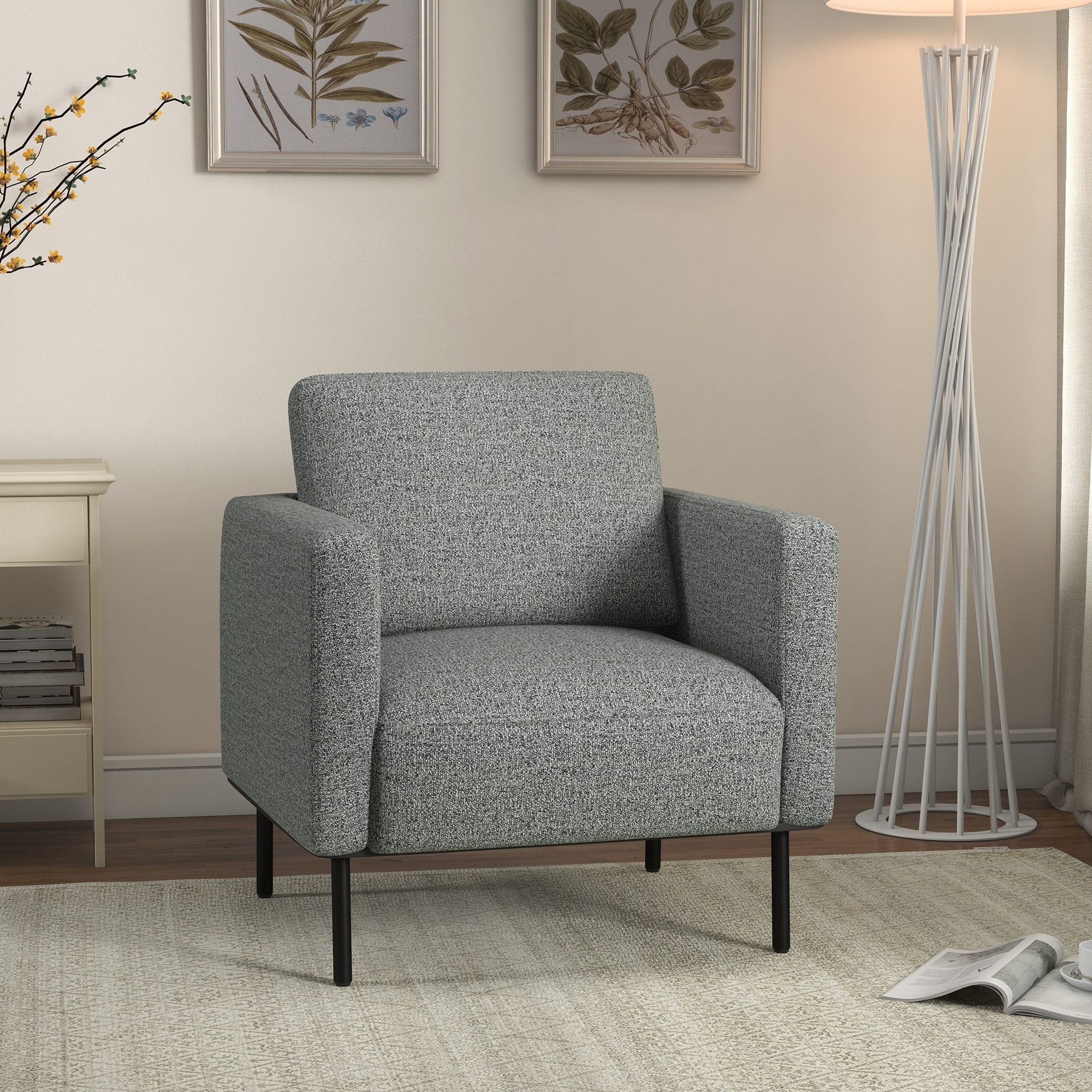 Fauteuil style contemporain grand confort piètement métal noir tissu toucher lin gris chiné