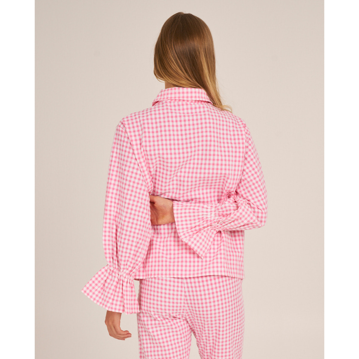 Camiseta de pijama de mujer abotonada de cuadros vichy