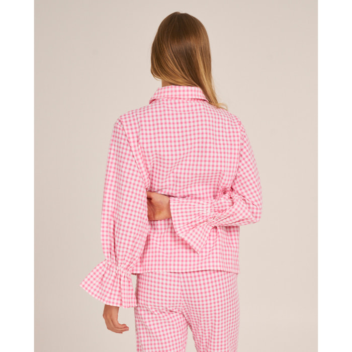 Camiseta de pijama de mujer abotonada de cuadros vichy