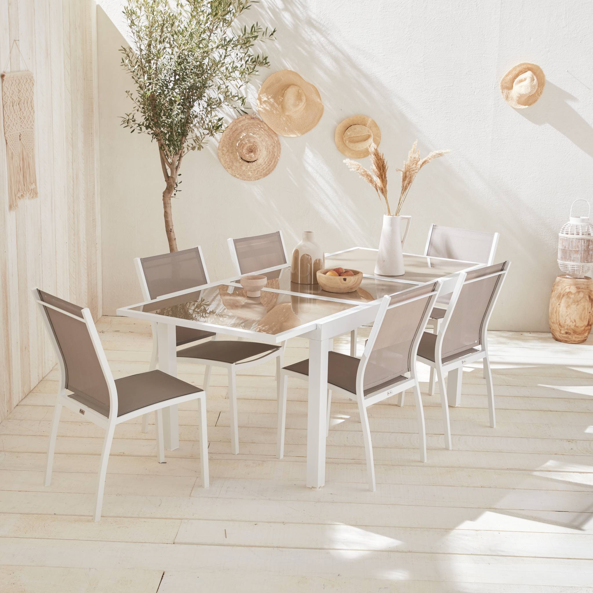 Table de jardin extensible aluminium + 6 assises - Orlando Taupe - Table en aluminium 150/210cm. plateau de verre. rallonge et 6 chaises en textilène