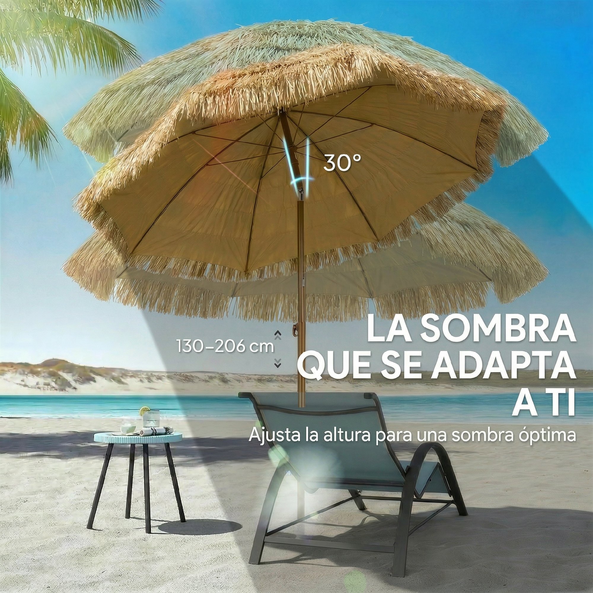 Sombrilla de Playa con Flecos de Paja Ø178 cm, Sombrilla de Terraza Exterior con Inclinación, Altura Ajustable, UV50+, Bolsa de Transporte, Anclaje de Arena, Marrón Claro