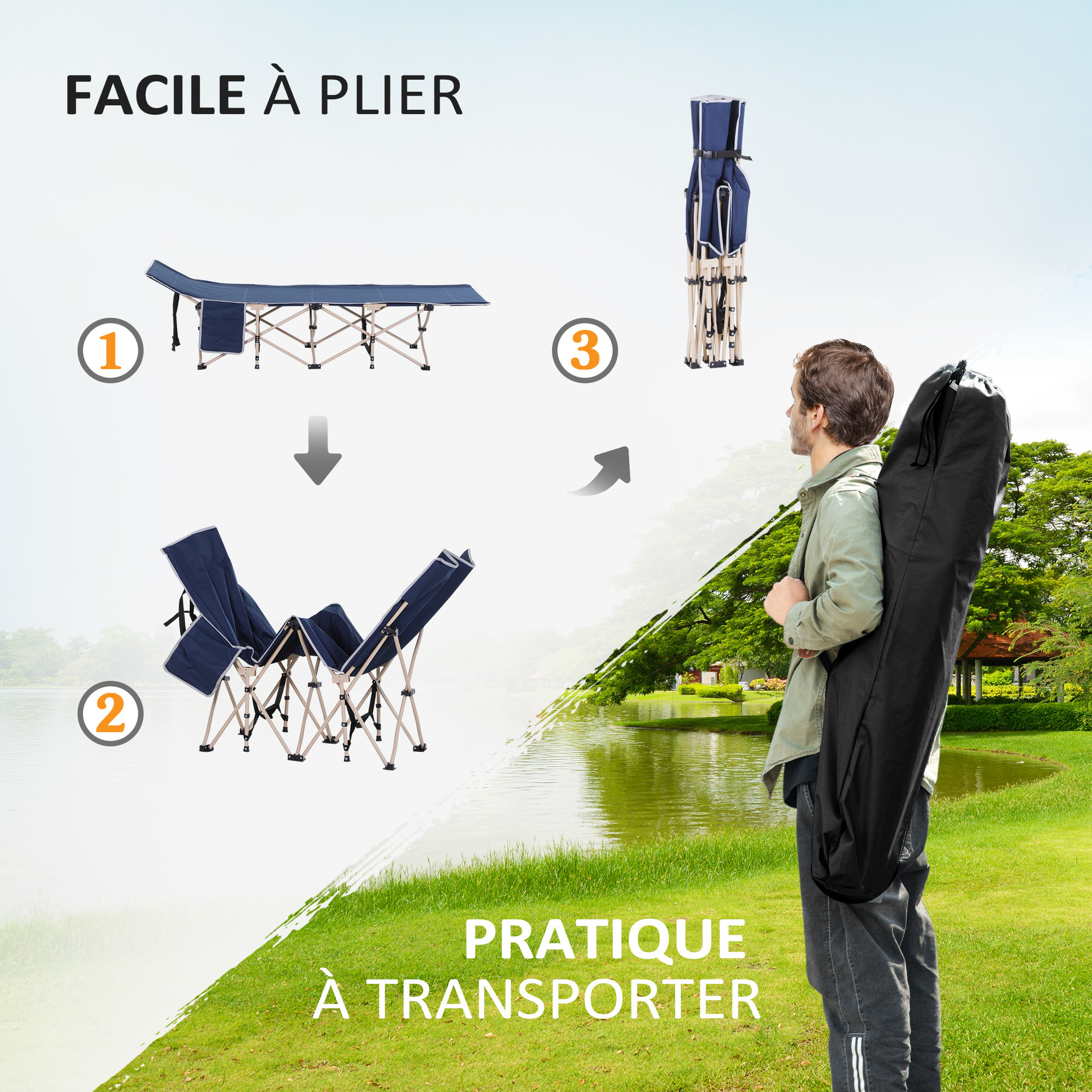 Lit de camp camping pliable 190 x 68 x 52 cm max. 150 Kg sac transport inclus acier oxford bleu