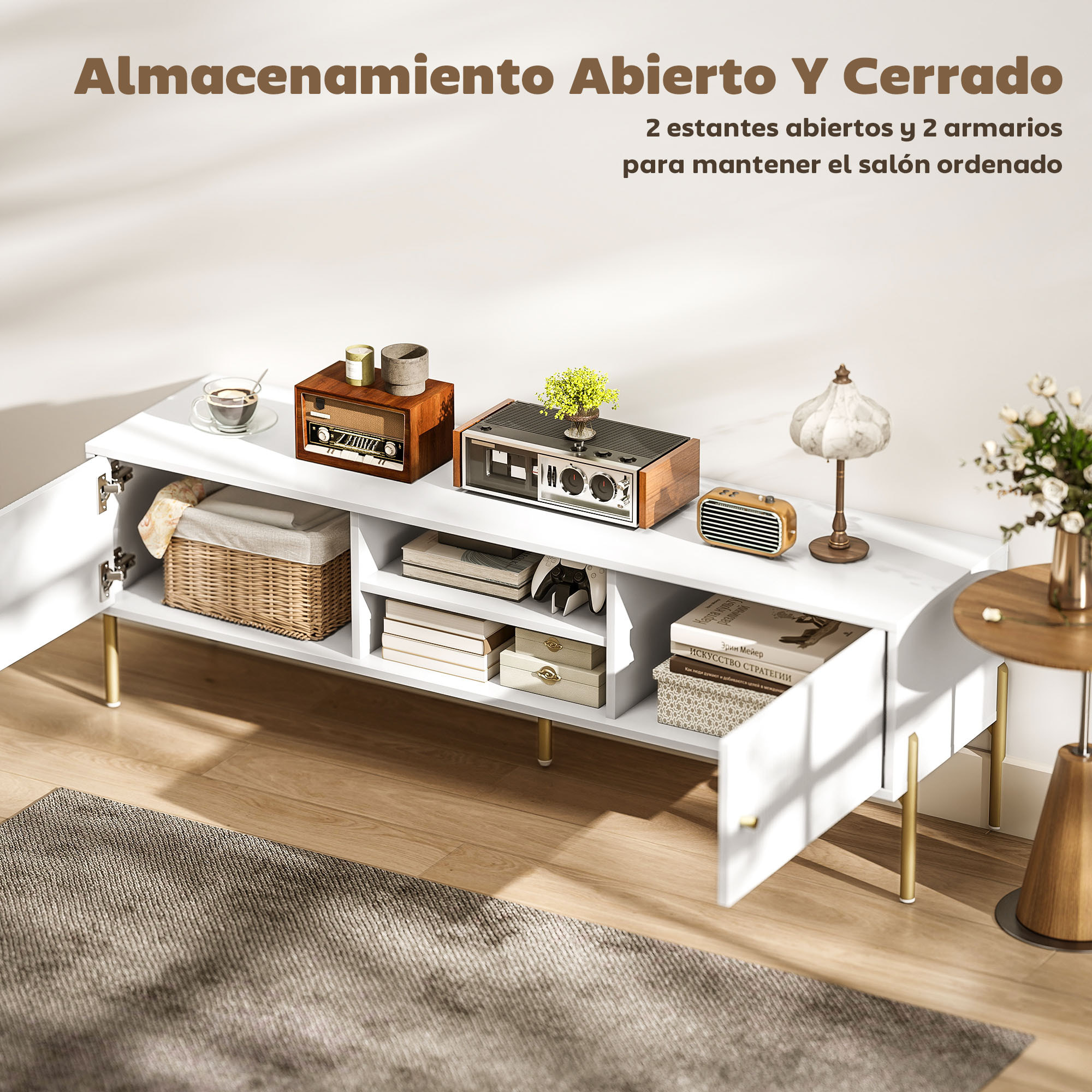 Mueble de TV Moderno de 2 Puertas, Mesa TV para Salón con 2 Estantes Abiertos Ajustables, Orificios Pasacables, Patas de Acero, para Televisión 65 Pulgadas, 140x38x45,9 cm, Blanco