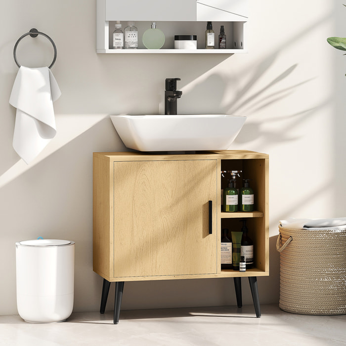 Meuble sous vasque style nordique dim. 60 x 30 x 59,5 cm - porte, 2 niches - piètement métal noir effet bois clair