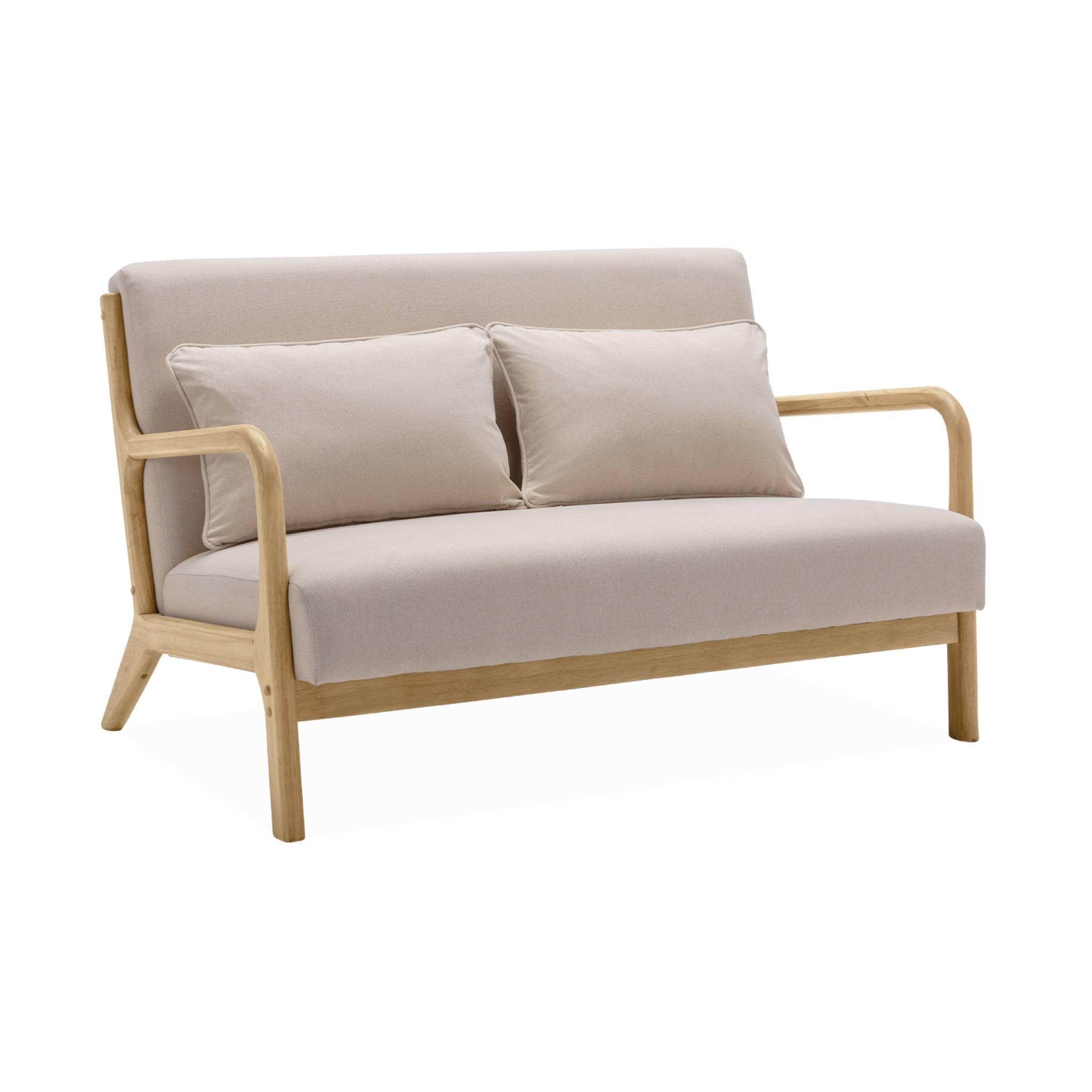 Banquette 2 places scandinave en bois et tissu beige. Lorens. L 124 x P 83 x H 77cm