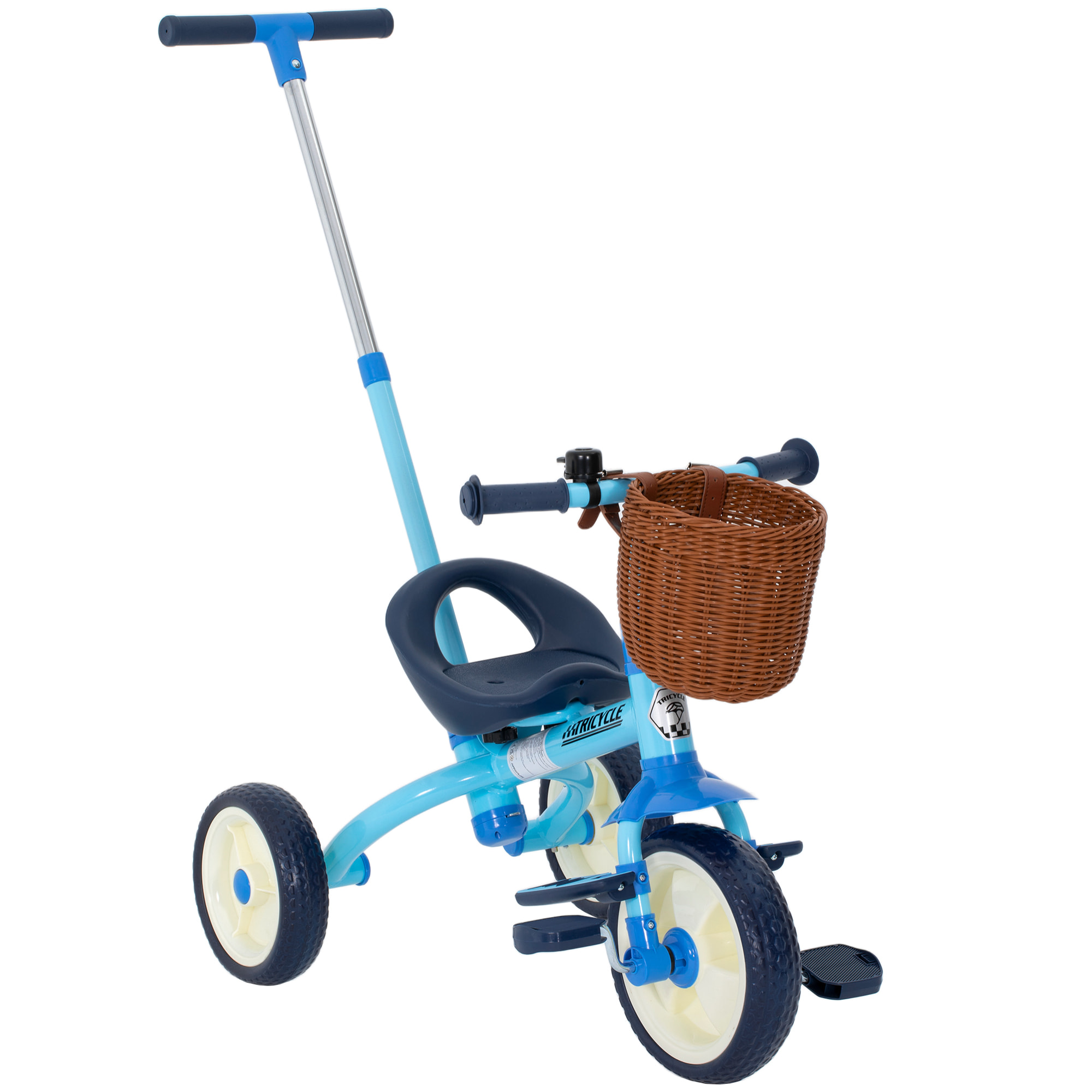 Triciclo para Bebés 2 en 1, Triciclo Evolutivo, 2-5 Años, con Barra Parental Ajustable, Pedales Antideslizantes, Reposapiés Plegables y Cesta, para Niños y Niñas, Azul Claro