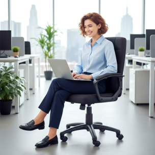 Silla de Oficina, Silla de Escritorio Giratoria, Tapizada en Lino Sintético, Altura Ajustable, Basculante, Respaldo Medio, con Reposabrazos, Ruedas, Negro