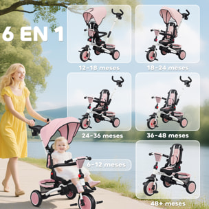 Triciclo Evolutivo 6 en 1 Plegable, Bicicleta para Niños de 1-5 Años, Asiento Giratorio de 360°, Respaldo Reclinable, con Toldo, Pedales, Barra de Empuje, Portavasos, Cesta, Reposapiés, Rosa