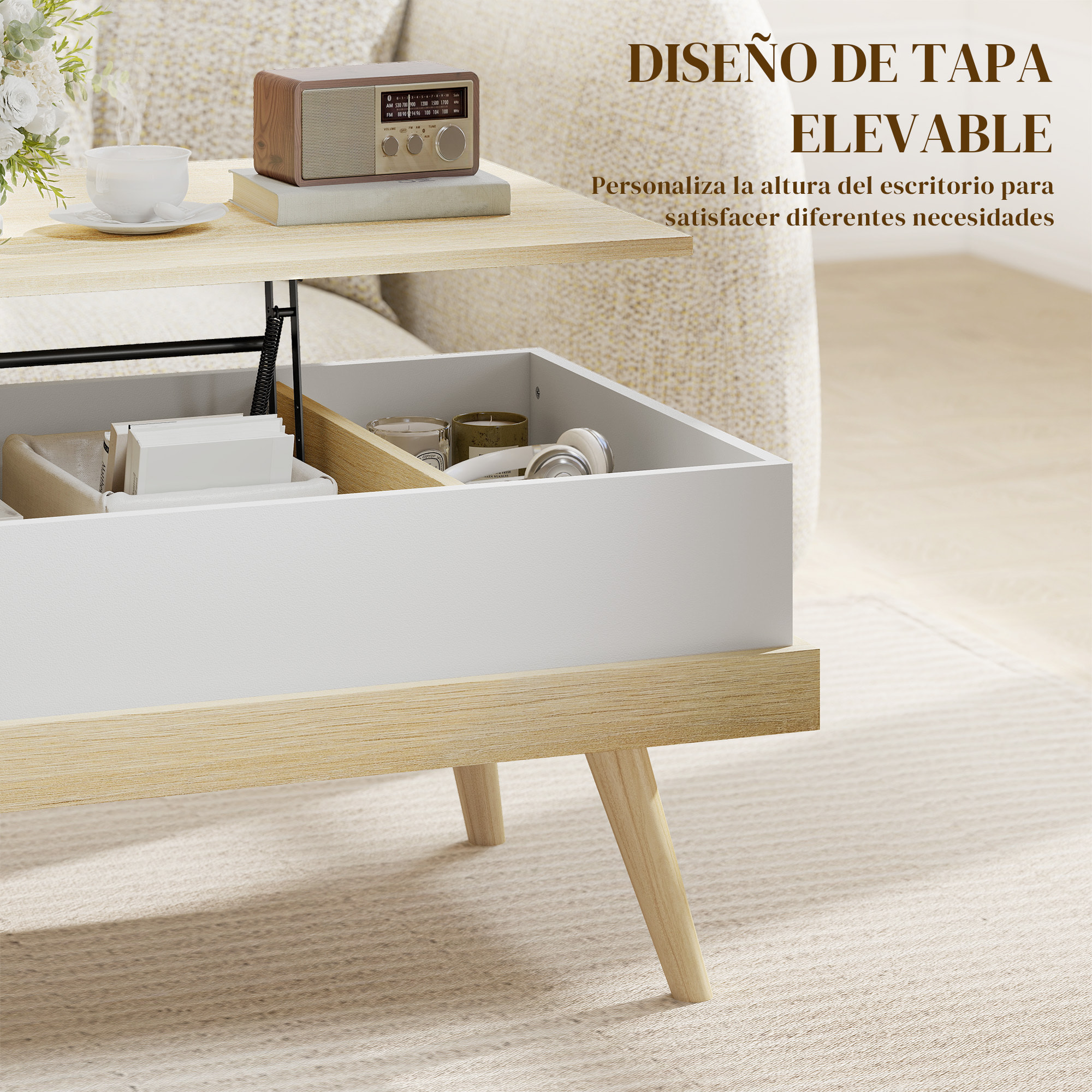 Mesa de Centro Elevable, Mesita de Salón con 3 Compartimientos de Almacenaje Ocultos y Patas de Madera, Mesa de Café para Oficina, Dormitorio, 100x79x54 cm, Natural y Blanco