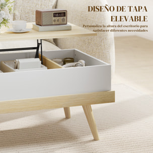 Mesa de Centro Elevable, Mesita de Salón con 3 Compartimientos de Almacenaje Ocultos y Patas de Madera, Mesa de Café para Oficina, Dormitorio, 100x79x54 cm, Natural y Blanco