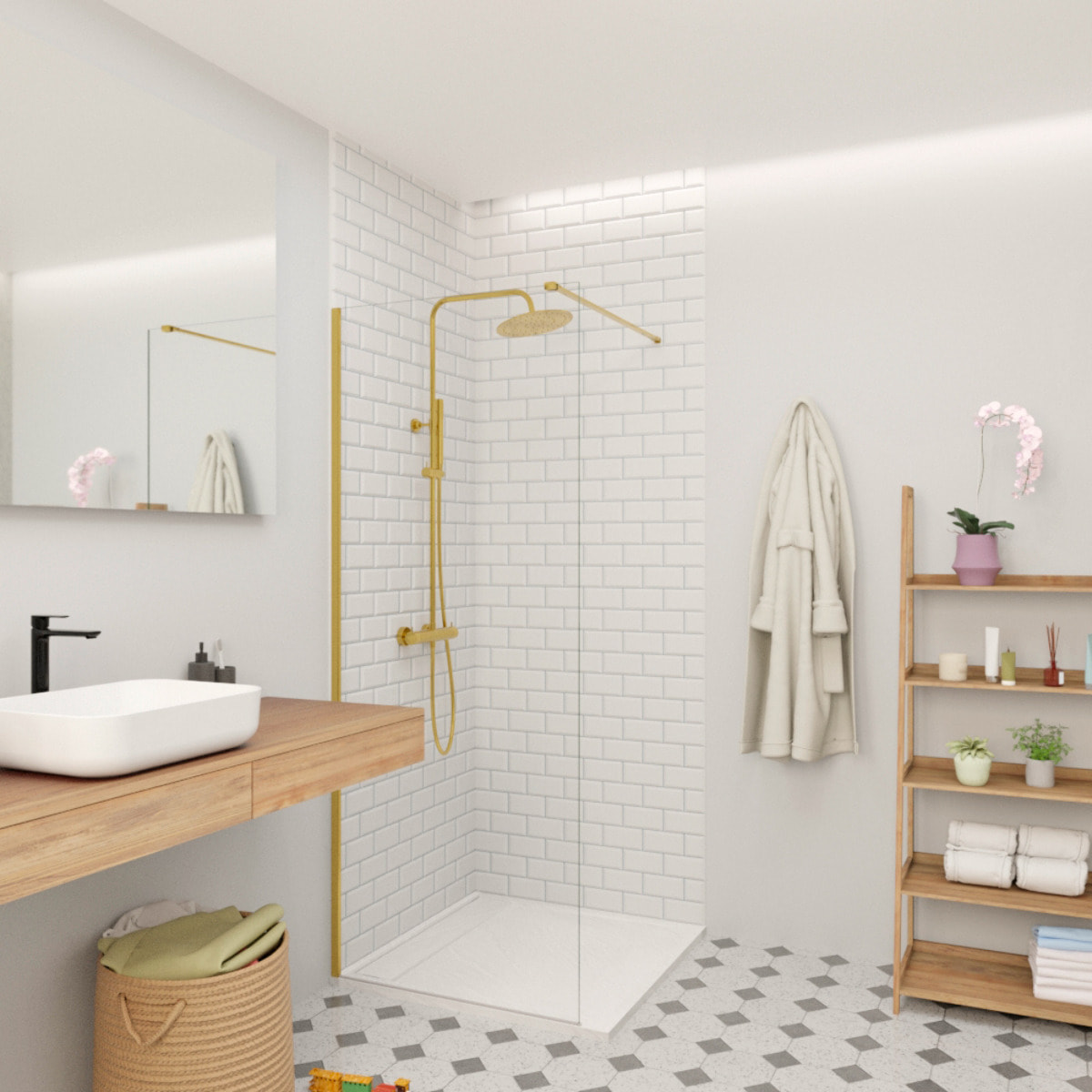Walk-in 70x200cm Paroi en verre Crystal Glass® 8 mm anticalcaire, avec bras et profilés or (SATBWI70PRZ)