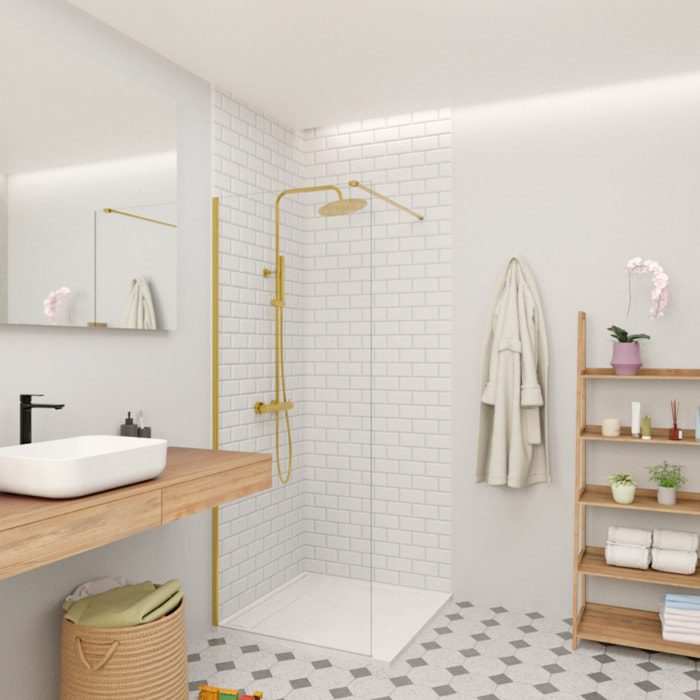 Walk-in 70x200cm Paroi en verre Crystal Glass® 8 mm anticalcaire, avec bras et profilés or (SATBWI70PRZ)