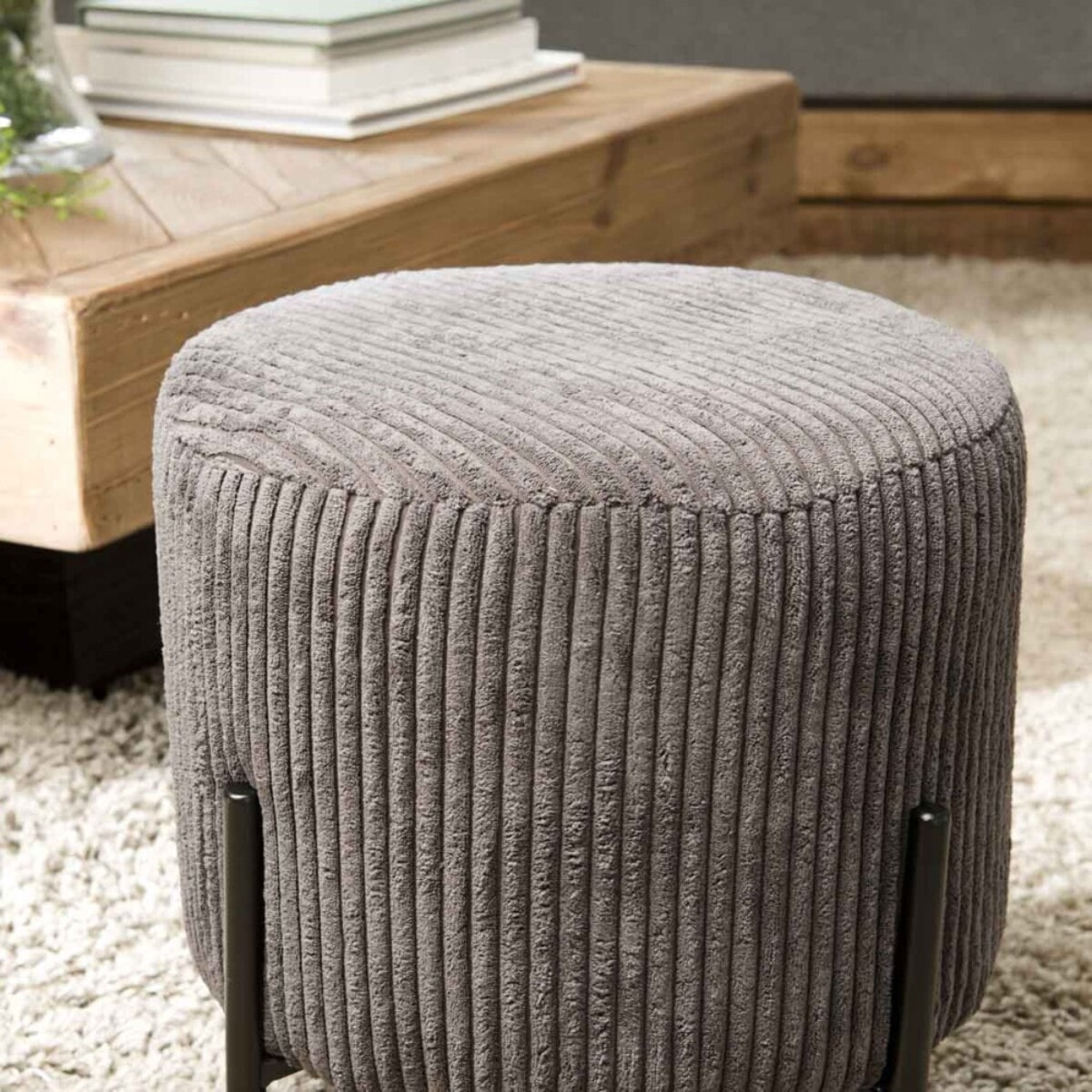 AGATHE - Tabouret rond 36x36cm tissu velours côtelé gris anthracite pieds métal