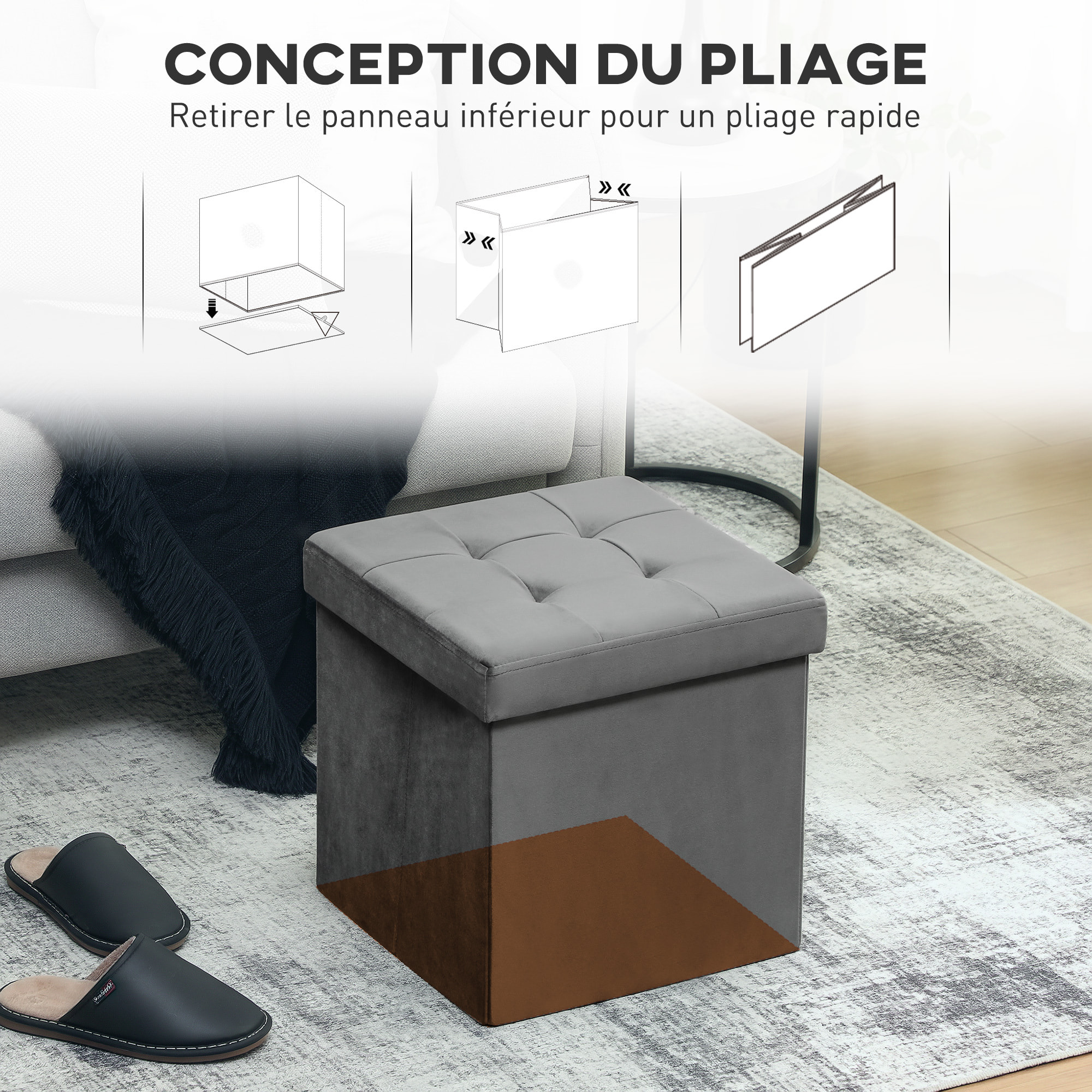 Pouf coffre velours effet capitonné pliable - pouf de rangement - dim. 38x38x38cm - gris
