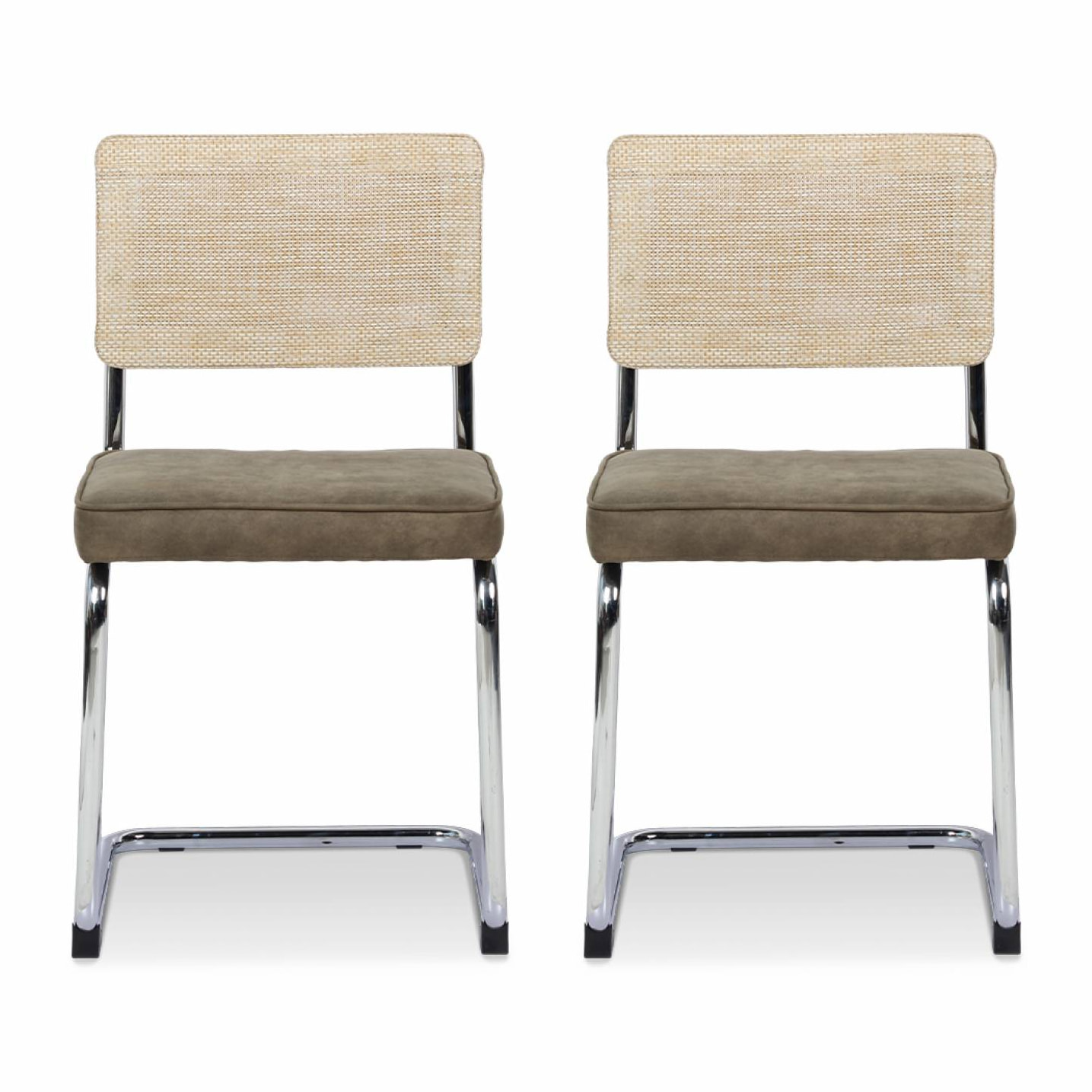 2 chaises cantilever - Maja - tissu kaki et résine effet rotin. 46 x 54.5 x 84.5cm
