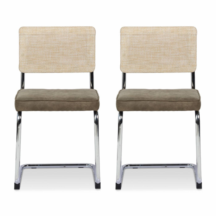 2 chaises cantilever - Maja - tissu kaki et résine effet rotin. 46 x 54.5 x 84.5cm