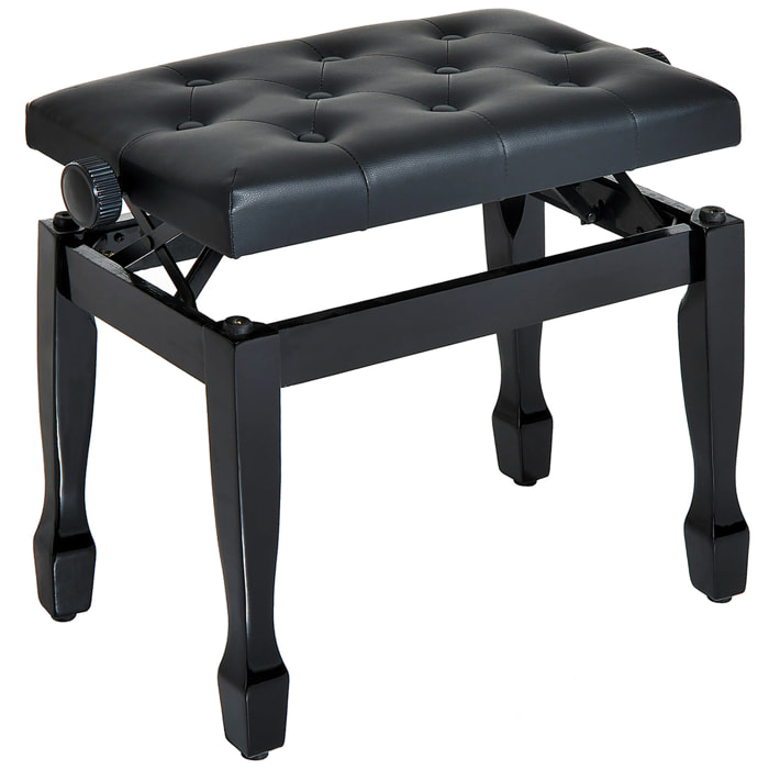 Banco de Piano, Altura Ajustable, Banqueta de Piano con Asiento de Cuero Sintético, Patas de Madera, Carga Máxima 200 kg, 64x35x55 cm, Negro
