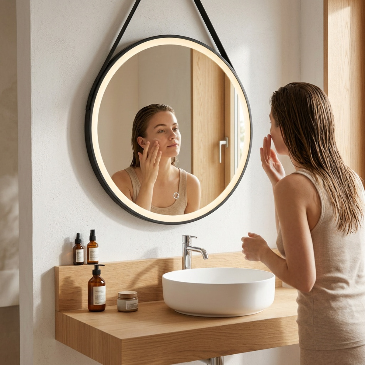 Miroir de salle de bain rond LED 60 cm avec capteur tactile et cadre en métal noir SAT (SATZREMLED60CE)