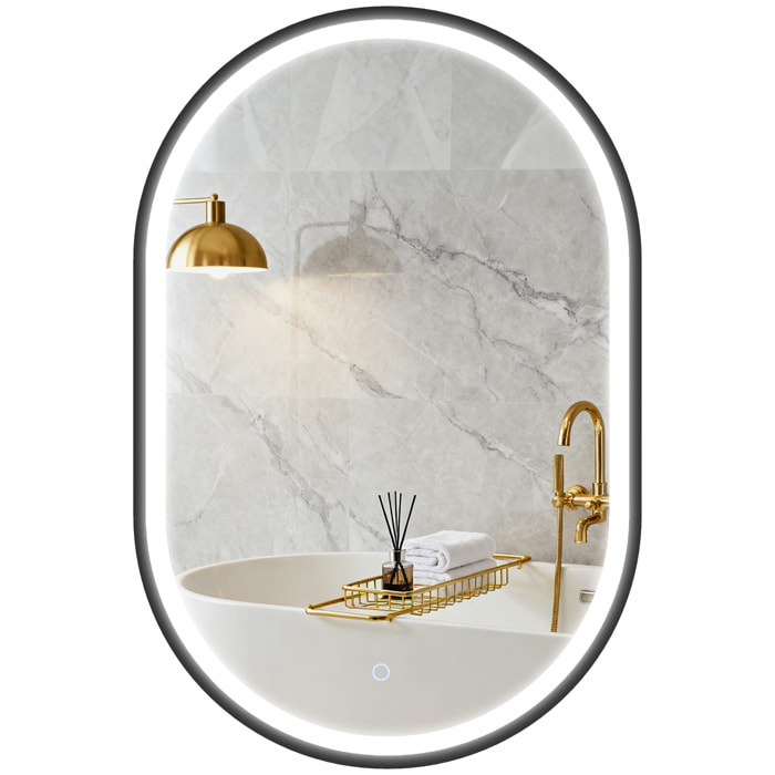 Espejo de Baño con Luz, 60x90 cm, Espejo de Pared Ovalado, 3 Colores de Luz, Brillo Regulable, Función Antivaho, Memoria, Interruptor Táctil, Marco de Aluminio, IP44, Negro