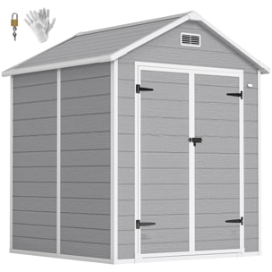 Caseta de Jardín Exterior, 2,4 m², 182x151x219 cm, Cobertizo de Jardín Exterior con Suelo, Puertas con Cerradura, Ventana y Techo Inclinado para Almacenamiento de Herramientas, Gris