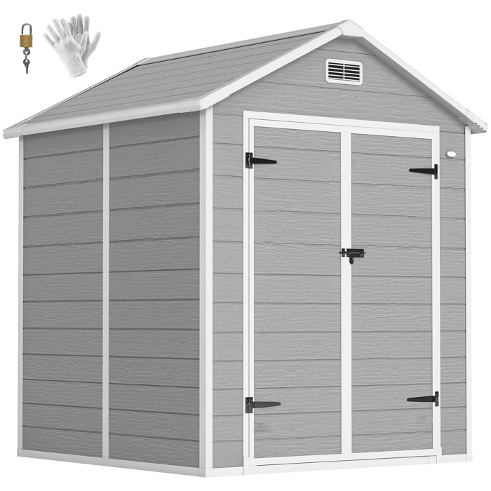 Caseta de Jardín Exterior, 2,4 m², 182x151x219 cm, Cobertizo de Jardín Exterior con Suelo, Puertas con Cerradura, Ventana y Techo Inclinado para Almacenamiento de Herramientas, Gris