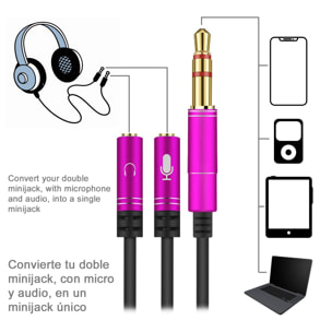 Splitter convertitore da doppio minijack femmina (microfono e altoparlante) a minijack maschio. Usa cuffie da PC con microfono sul tuo smartphone e tablet.