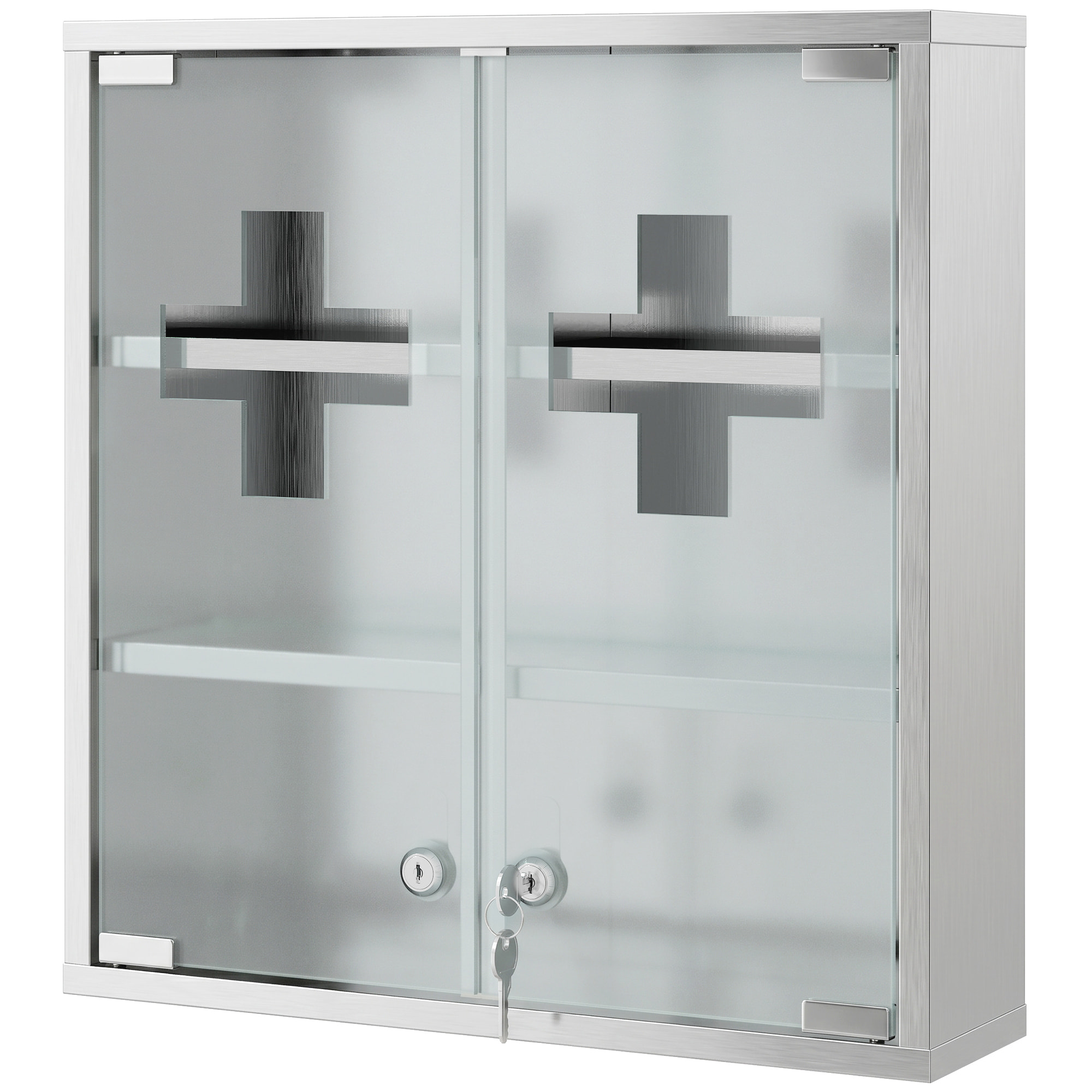 Armoire à pharmacie murale verrouillable acier inox 2 portes verre dépoli croix transparente