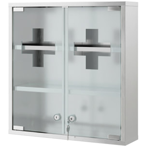 Armoire à pharmacie murale verrouillable acier inox 2 portes verre dépoli croix transparente