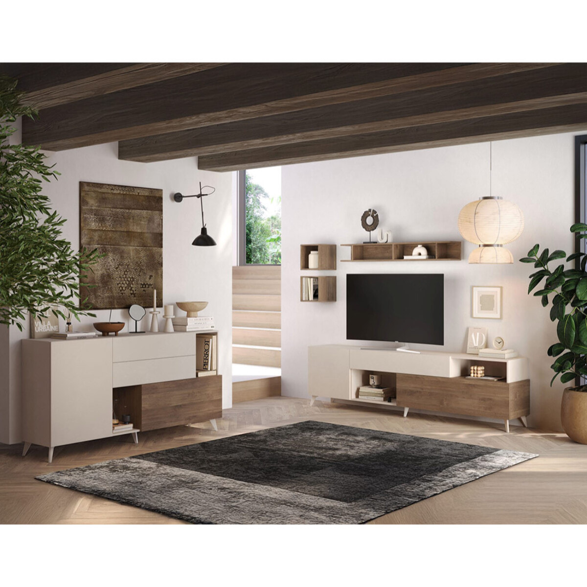 Estelle - meuble tv - 2 portes et 1 tiroir - 241 cm - Marron / Blanc