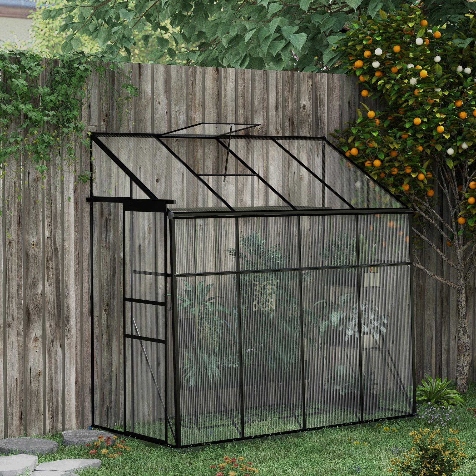 Serre de jardin adossée serre adossée dim. 2,53L x 1,27l x 2,4H m fondation porte coulissante lucarne alu polycarbonate noir