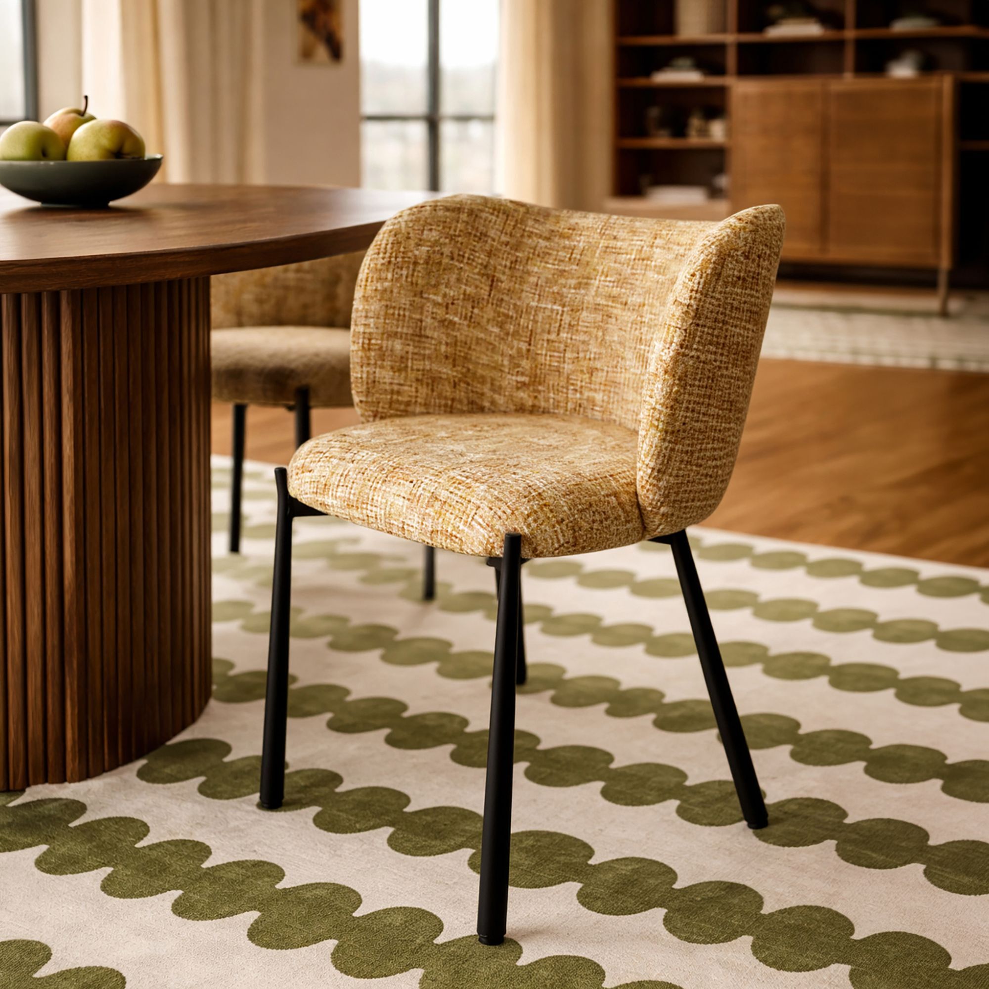 Ensemble table 230cm effet noyer et 6 chaises en tissu ocre SUZAN