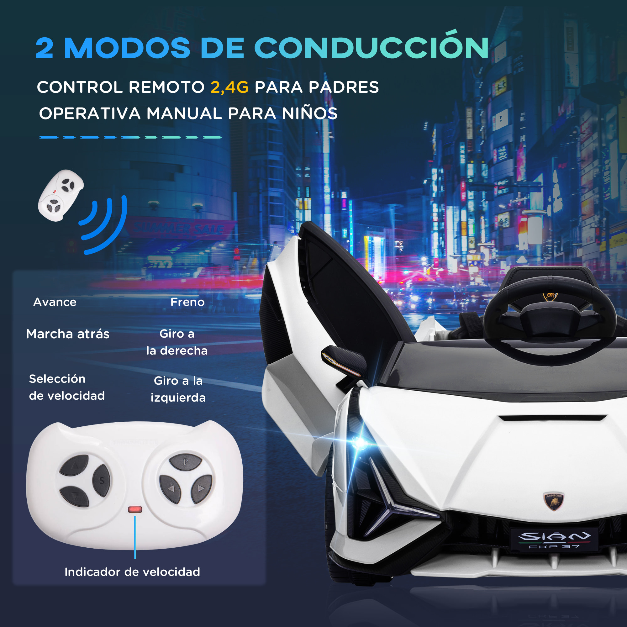 Coche Eléctrico Lamborghini SIAN 12V para Niños de +3 Años con Mando a Distancia Apertura de Puerta Música MP3 USB y Faros 3-8 km/h 108x62x40 cm Blanco