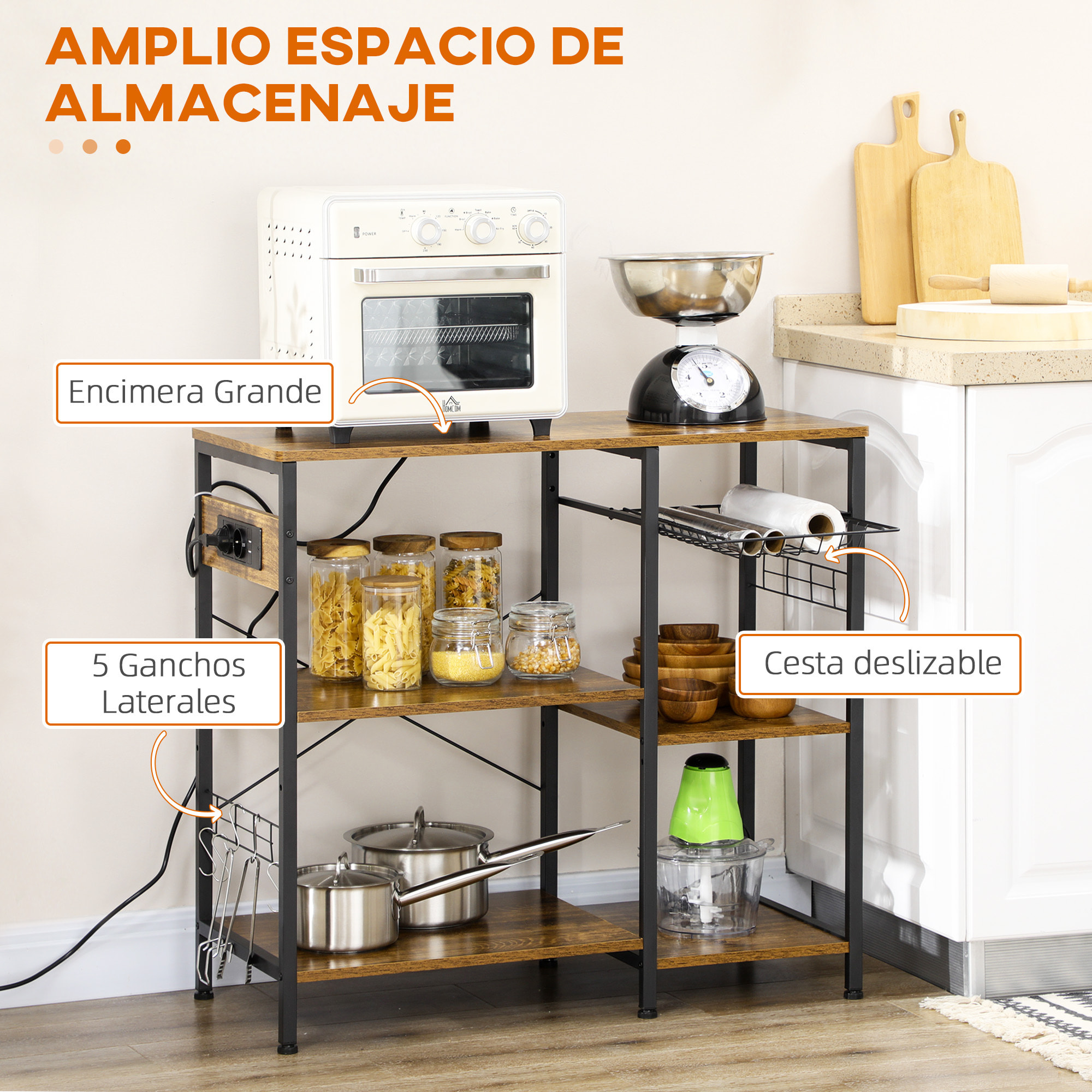 Estantería de Cocina Industrial Estante de Cocina con Toma de Corriente Estantes Ajustables Ganchos y Cesta Metálica 90x40x83 cm Marrón Rústico