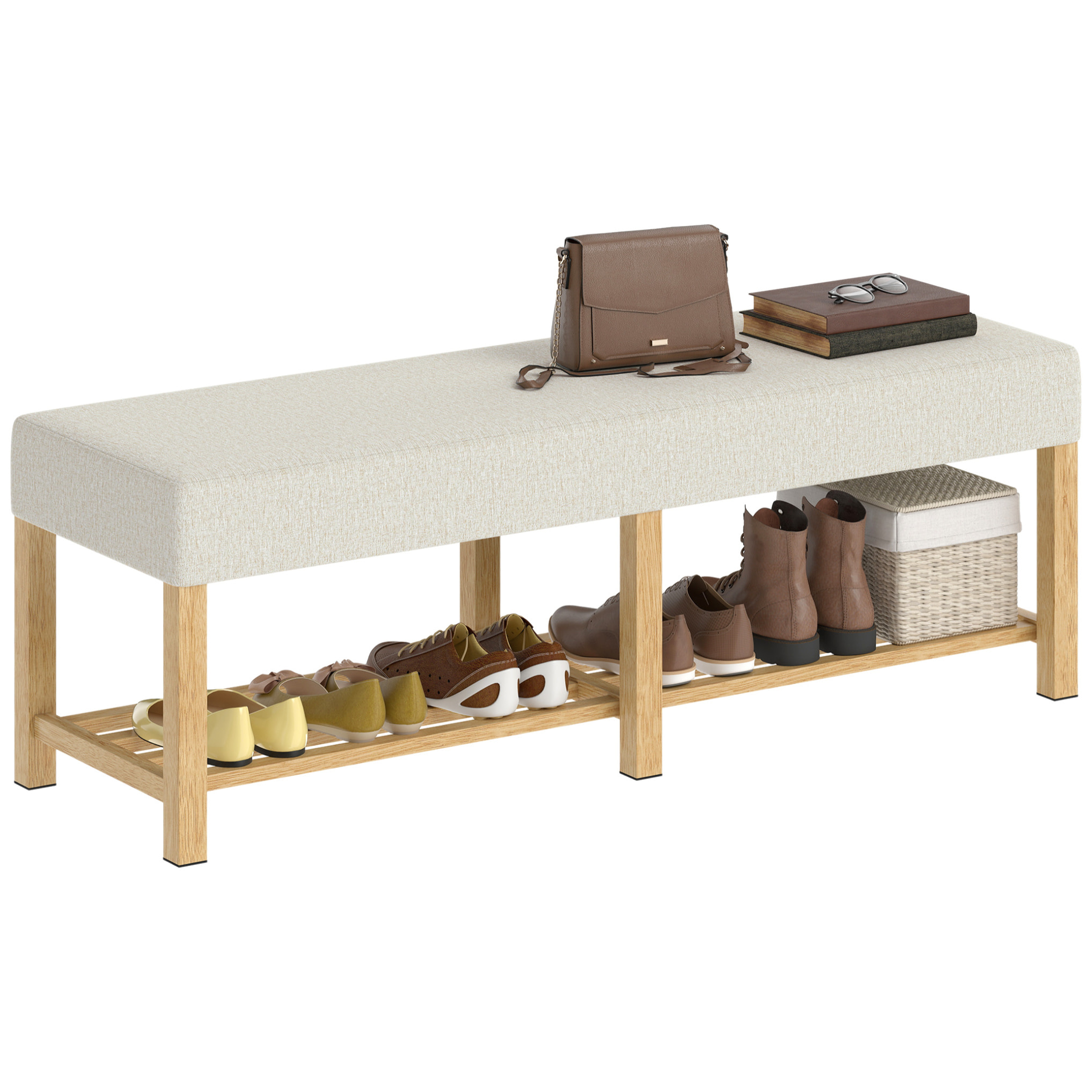 Banco Zapatero, Banco Recibidor Moderno, con Asiento Acolchado para 2 Personas, Estante Abierto, Marco de Madera, para Entrada, Pasillo, Salón, 140x44x48 cm, Crema y Madera Natural