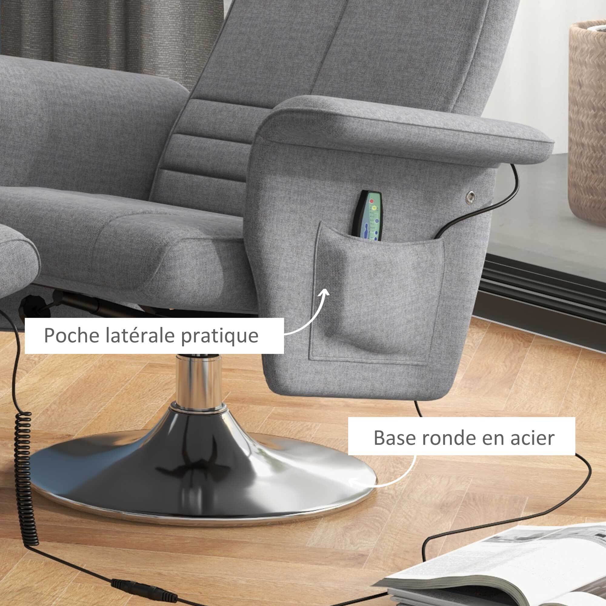 Fauteuil relax massant inclinable réglable avec repose-pied piètement acier chromé tissu gris