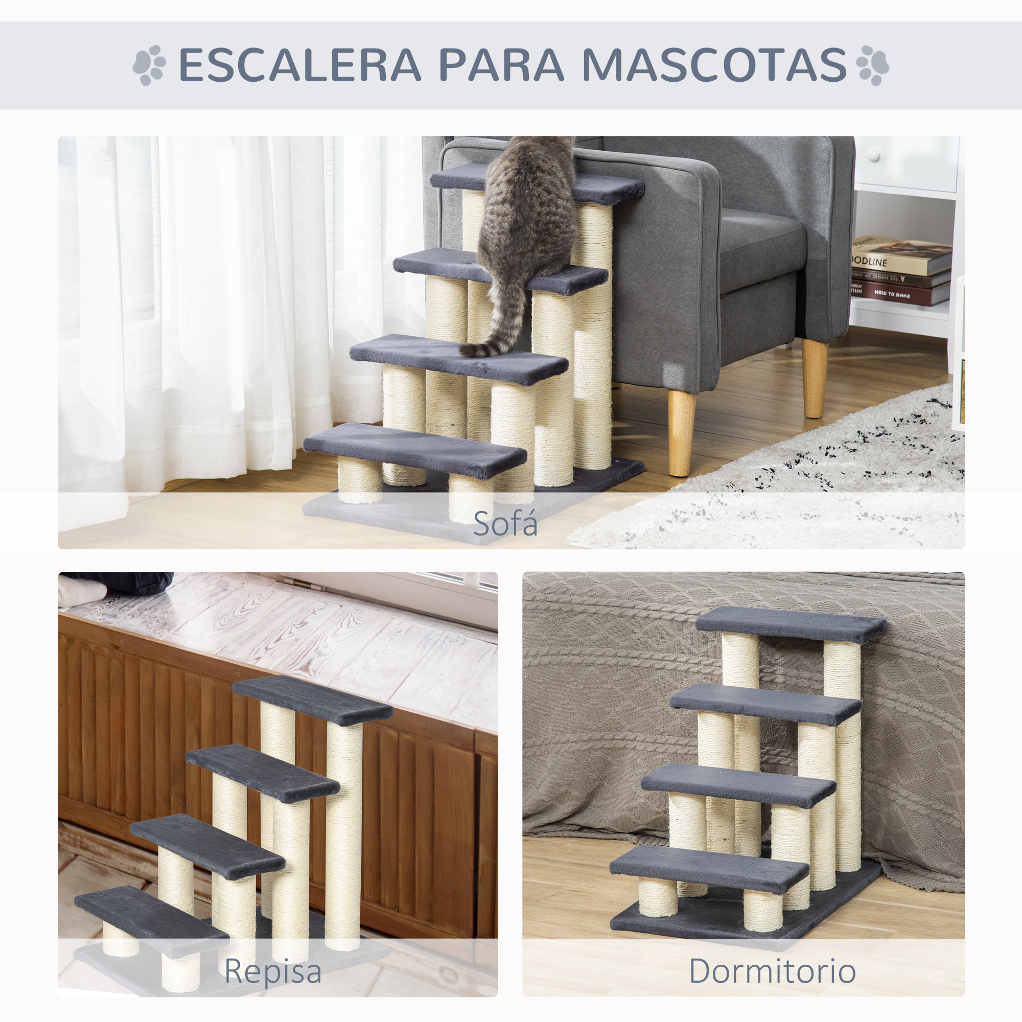 Escalera para Mascotas Cubierta de Peluche 60x42x61cm Gris