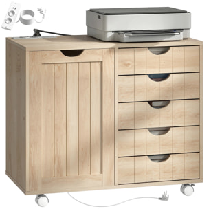Mueble para Impresora con Estación de Carga y Ruedas, Soporte para Impresora con 5 Cajones, Puertos USB, Estante Ajustable para Oficina en Casa, Natural