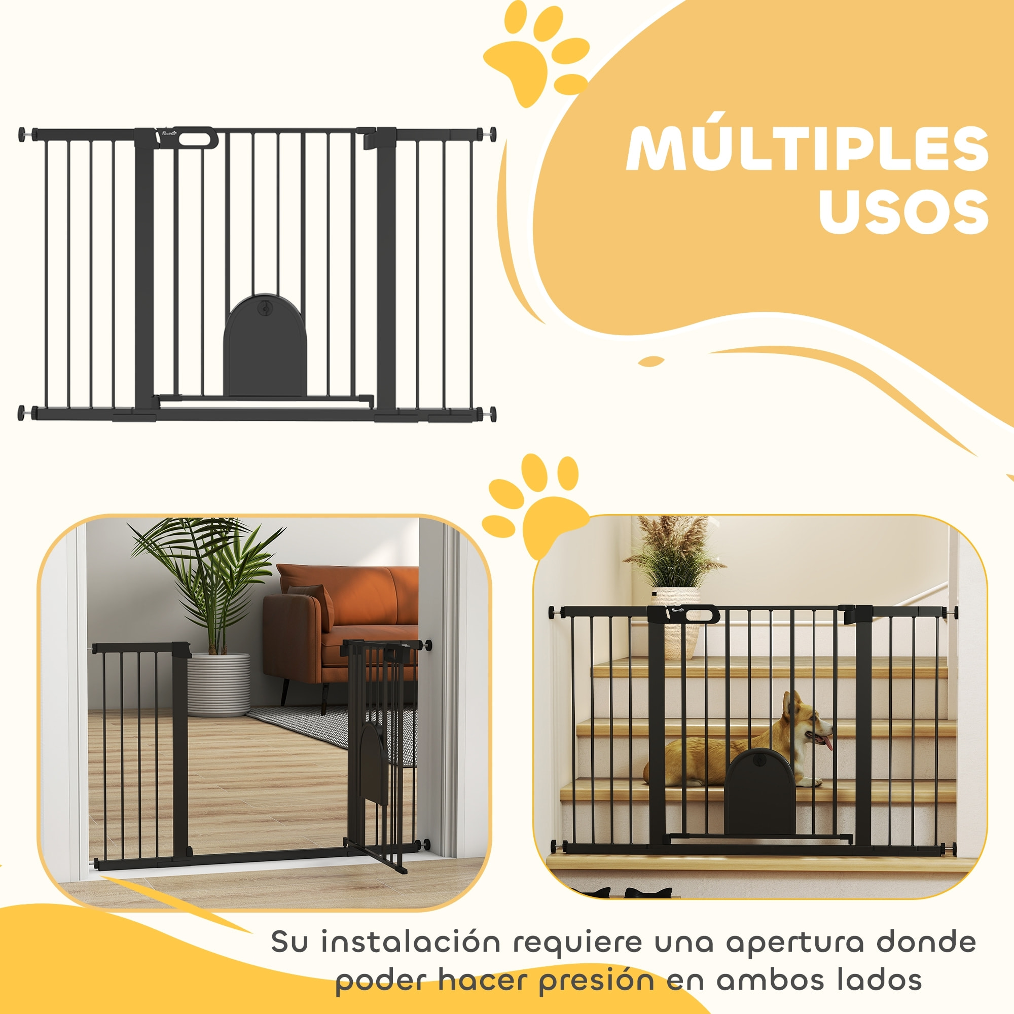 Barrera de Seguridad para Perros Extensible 75-131 cm, para Puertas y Escaleras, Barrera para Perros con Puerta Pequeña, 3 Extensiones, Montaje a Presión y Doble Bloqueo, Negro