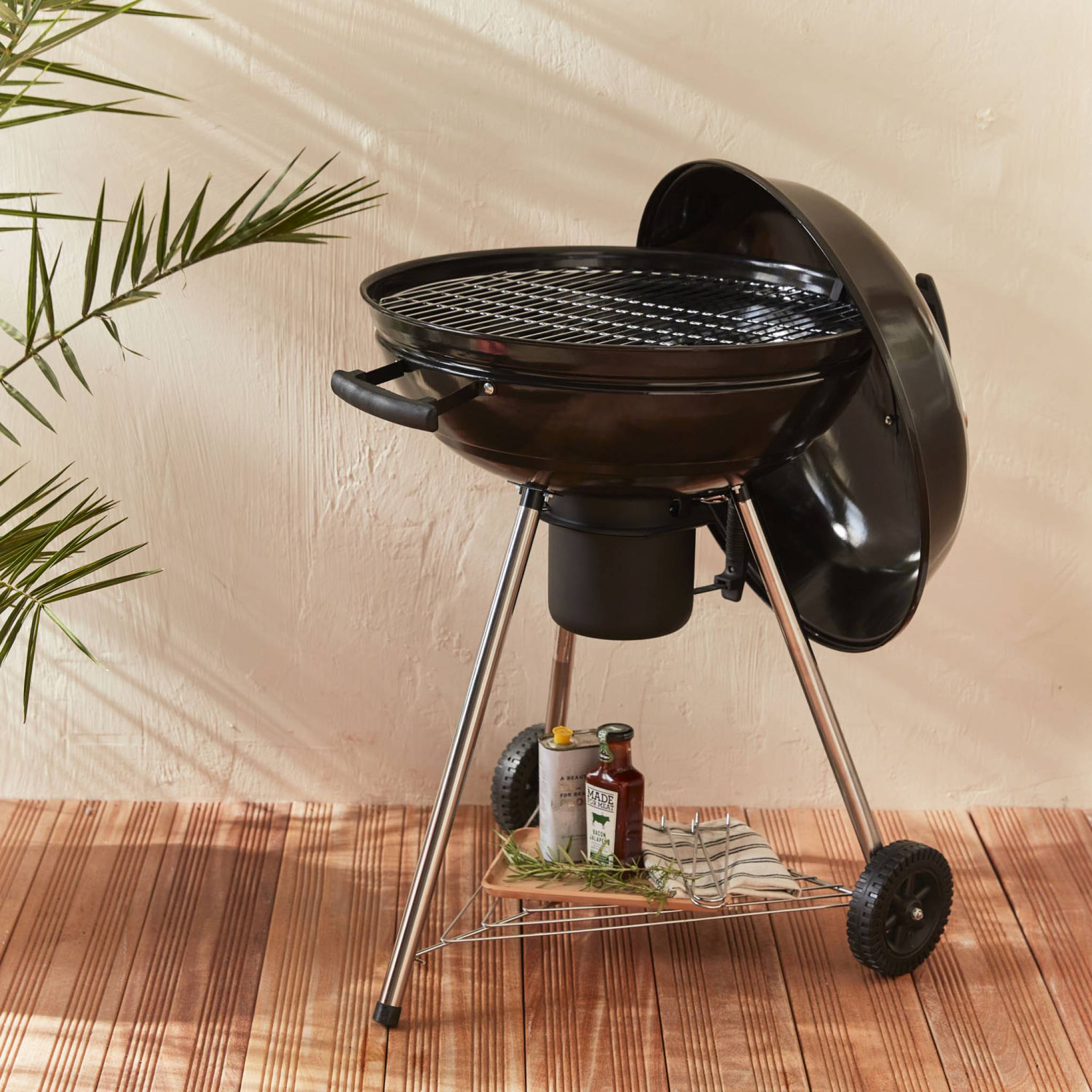 Barbecue charbon de bois Ø57cm - Georges - Noir émaillé. barbecue avec aérateurs. émaillé. fumoir. récupérateur de cendres